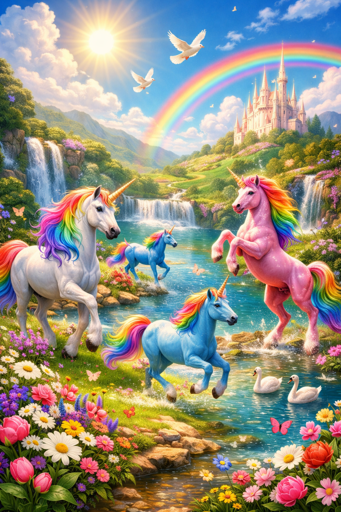 A picturesque fantasy landscape featuring four colorful unicorns by a sparkling stream, surrounded by vibrant flowers, with waterfalls in the background, a rainbow arching overhead, and a castle in the distance.