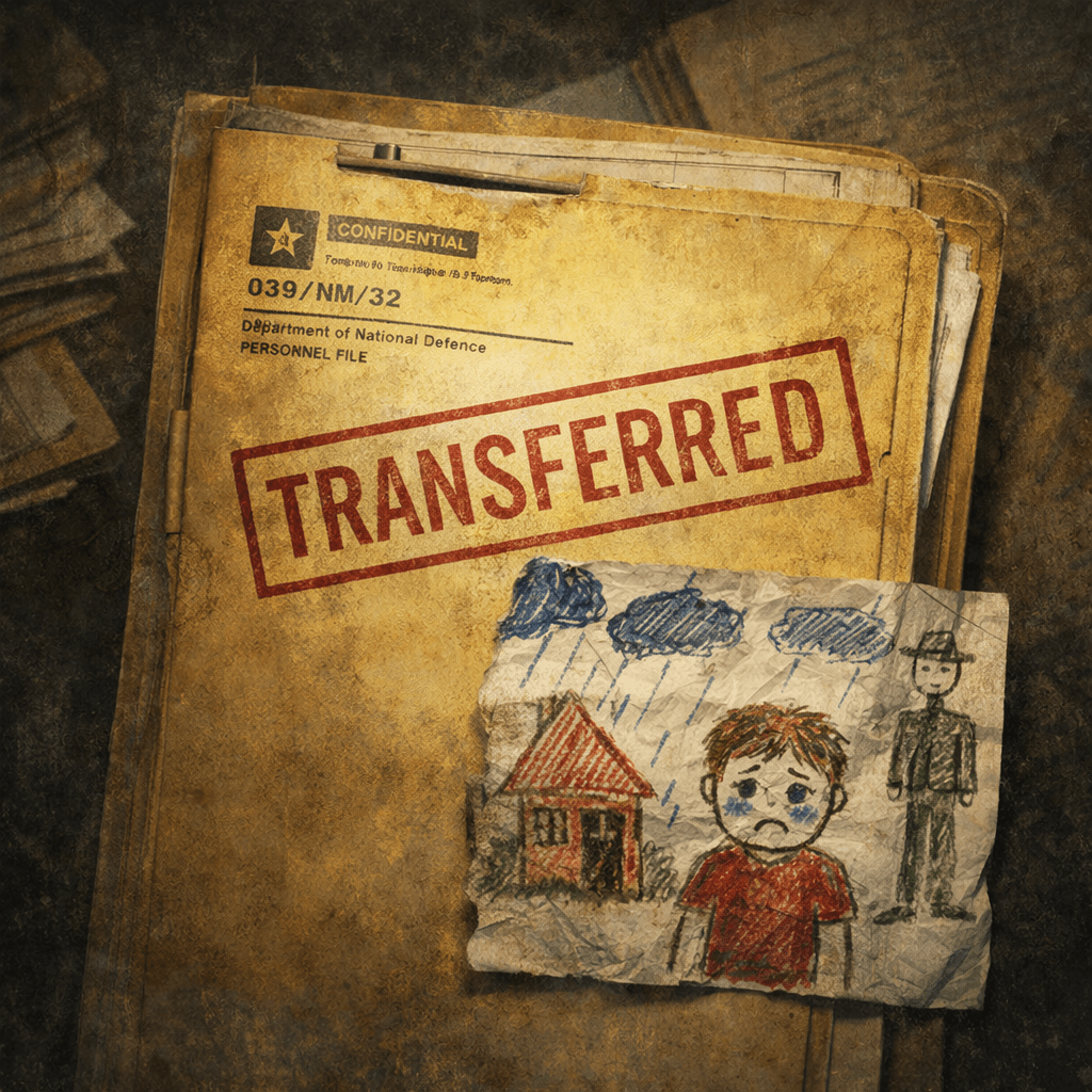 An old, confidential personnel file with the word 'TRANSFERRED' stamped in red. Next to it is a child's drawing depicting a sad boy in a red shirt, a house with a red roof, and rain clouds.