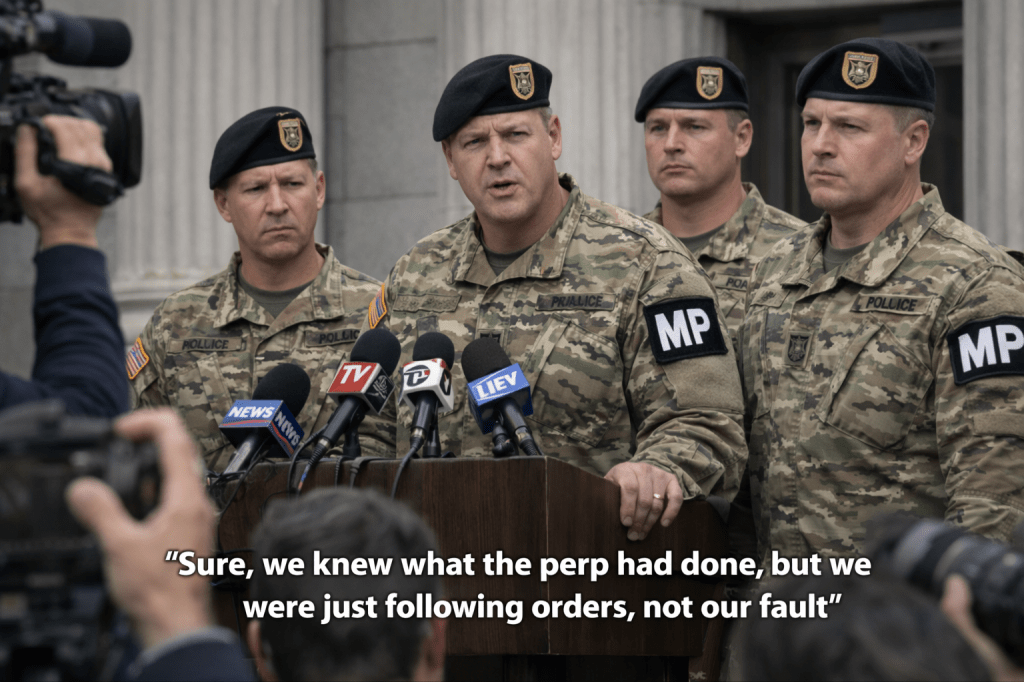 A military officer addresses the media at a press conference, flanked by fellow officers in camouflage uniforms and military berets, discussing controversial orders related to a perpetrator.