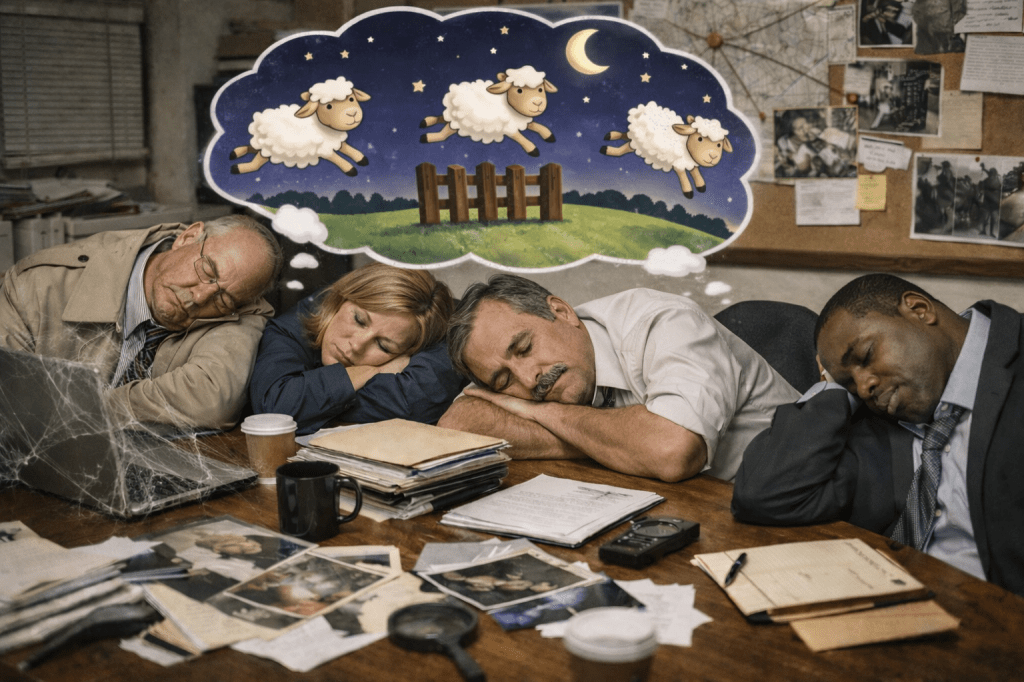 Four people sleeping at a messy table with documents and a laptop, while a thought bubble above shows sheep jumping over a fence at night.
