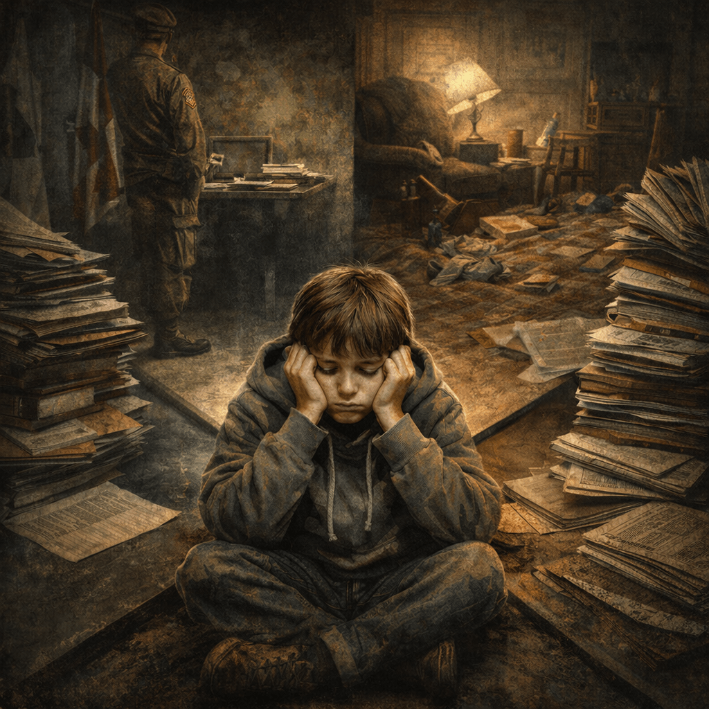 A young boy sitting on the floor with his head in his hands, looking distressed. Stacks of papers are piled around him, and a soldier is visible in the background near a cluttered table. The scene has a somber and chaotic atmosphere.