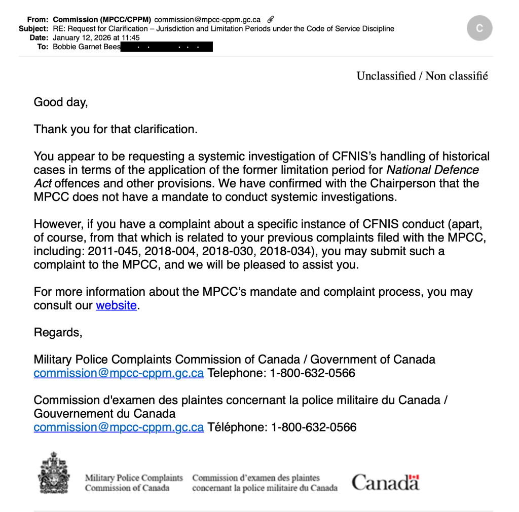 Email correspondence from the Military Police Complaints Commission of Canada regarding a request for clarification on jurisdiction and limitation periods under the Code of Service Discipline.