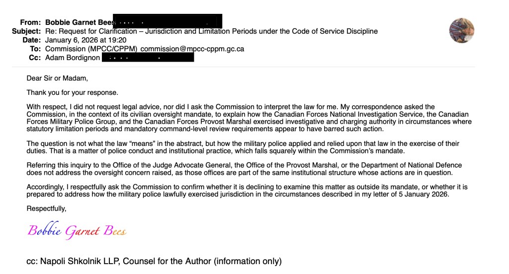 Email correspondence regarding a request for clarification on jurisdiction and limitation periods under military service discipline, including an inquiry to a commission about the exercise of authority by military police.