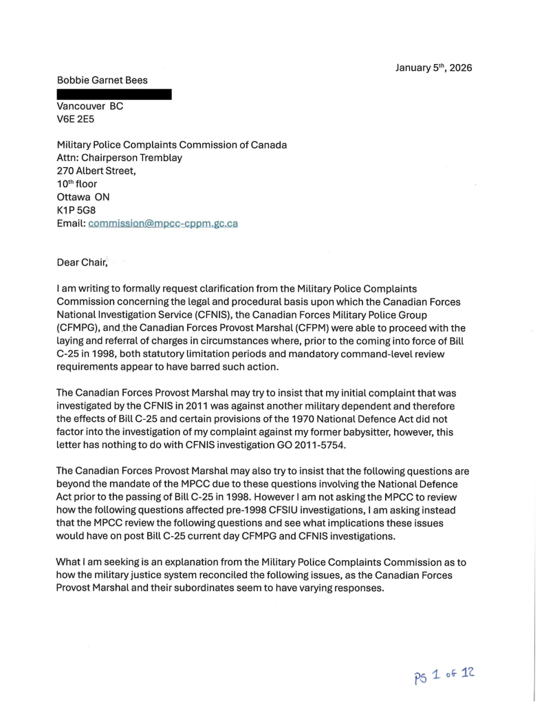A formal letter from Bobbie Garnet Bees to the Military Police Complaints Commission of Canada, dated January 5, 2026, requesting clarification on legal and procedural questions related to military investigations.