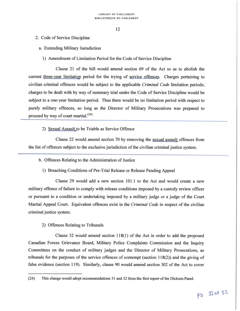 Document page from the Library of Parliament discussing amendments to the Code of Service Discipline, including changes to limitation periods for military jurisdiction and the handling of specific service offences.