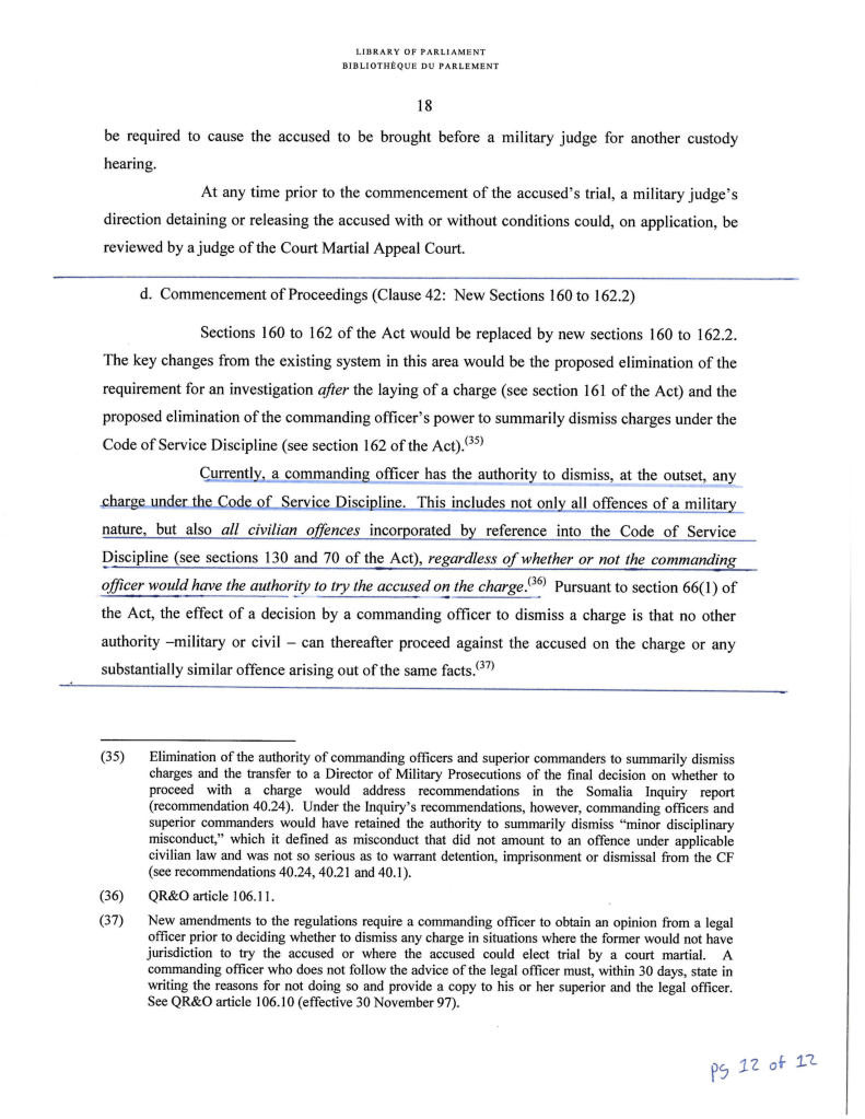 A page from a legal document discussing military laws and the authority of commanding officers regarding charges and dismissals under the Code of Service Discipline.
