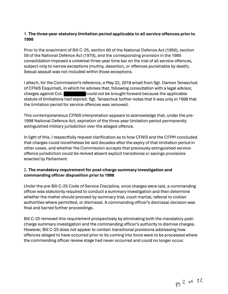 A document discussing the three-year statutory limitation period applicable to all service offences prior to 1998 and the requirement for post-charge summary investigation and commanding officer disposition before Bill C-25.