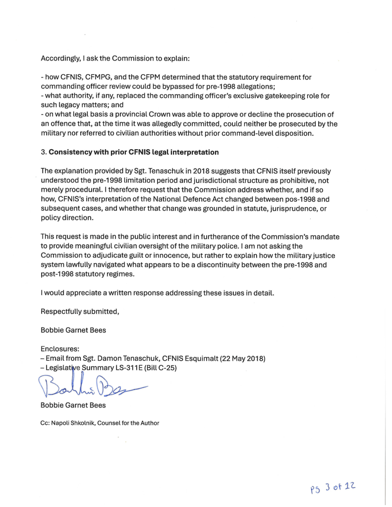 Letter discussing legal interpretations and oversight issues related to military police and historical limitations, submitted by Bobbie Garnet Bees.