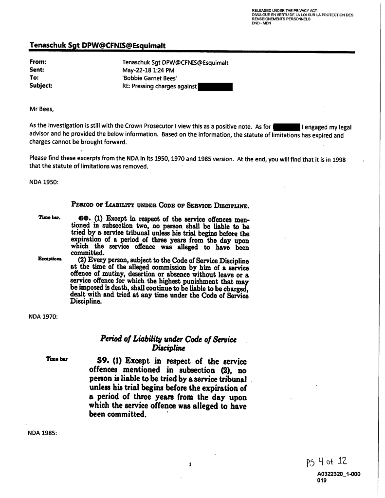 Email correspondence discussing legal matters related to the statute of limitations for pressing charges, including excerpts from the National Defence Act (NDA) versions from 1950, 1970, and 1985.