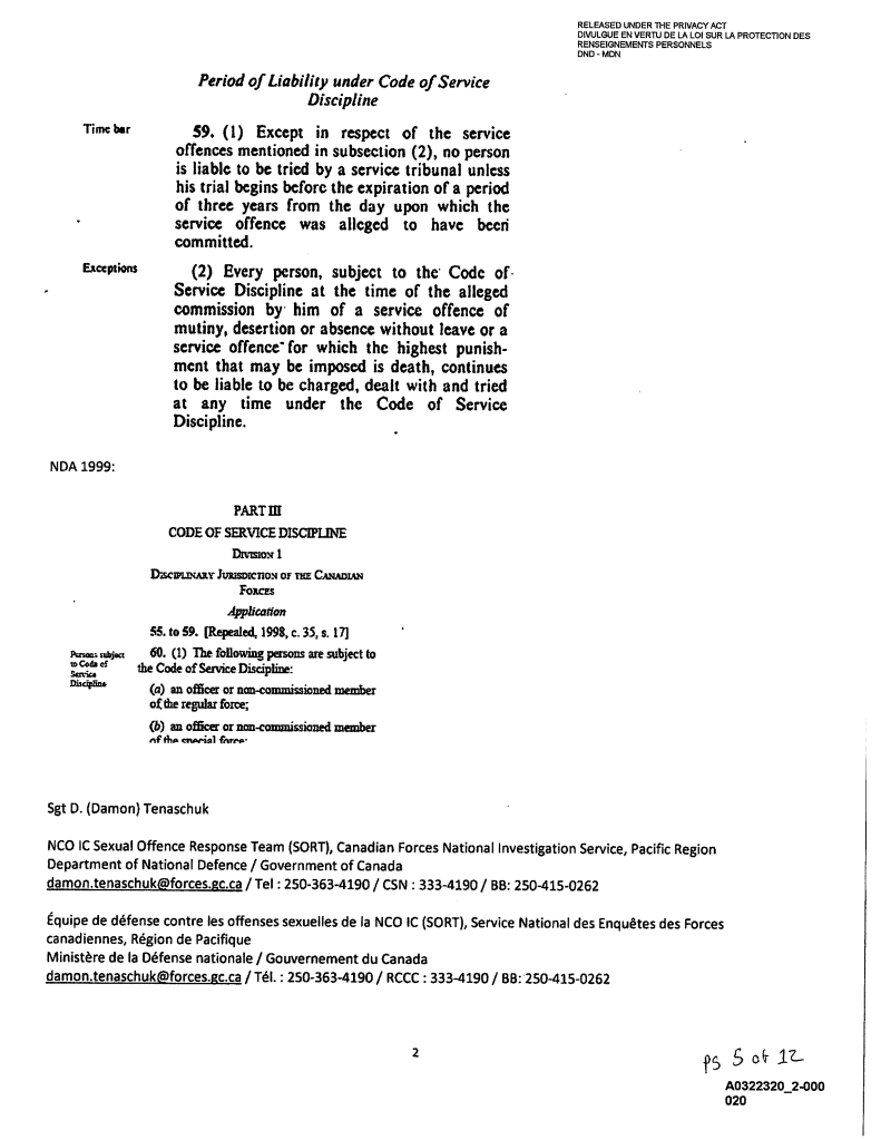 Page of legal text detailing the period of liability under the Code of Service Discipline, including sections on time bar and exceptions.