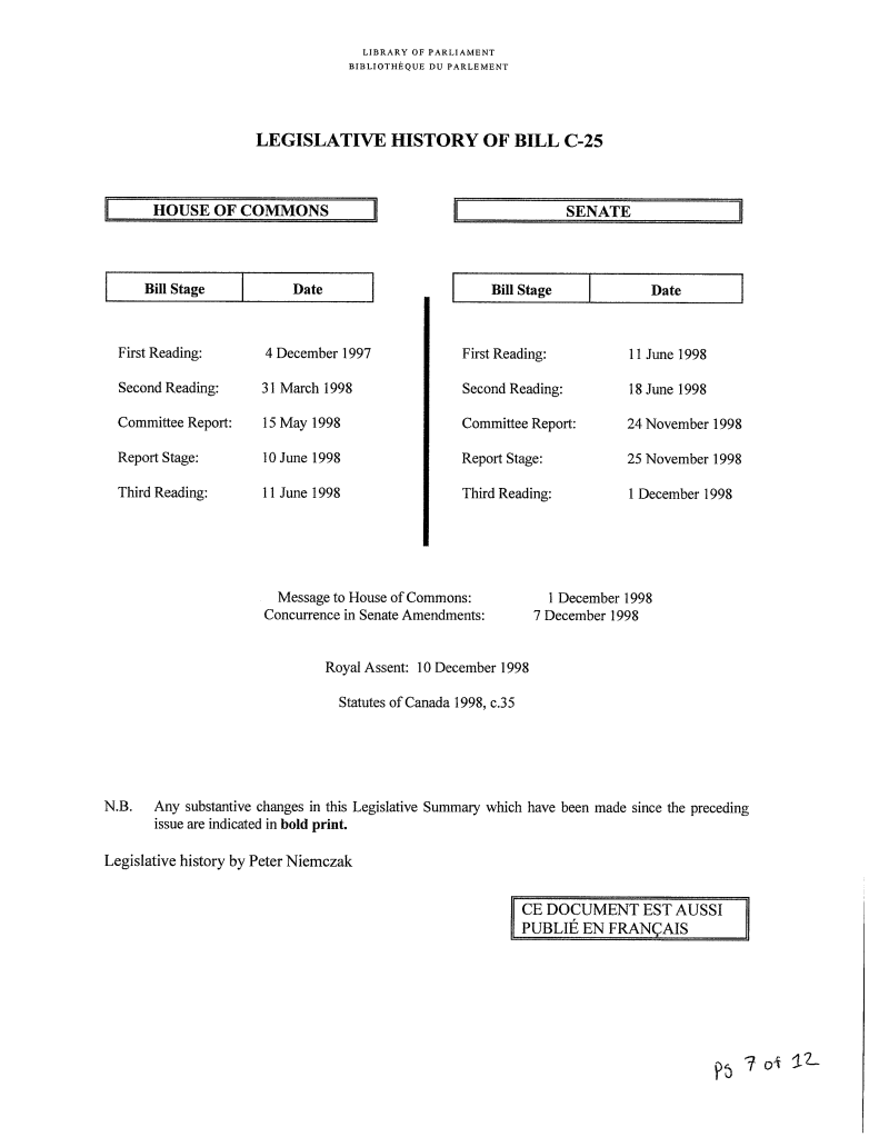 Document detailing the legislative history of Bill C-25, including dates and stages for both the House of Commons and the Senate.