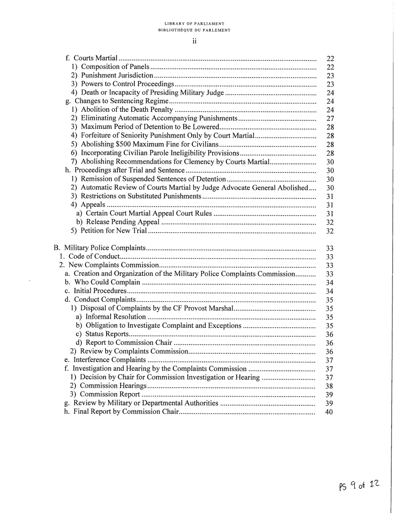 Table of contents from a parliamentary document discussing courts martial, sentencing changes, and military police complaints.