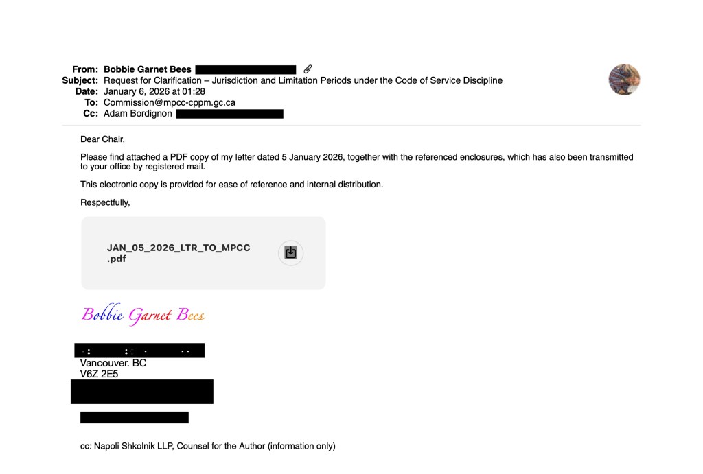 Email correspondence regarding a request for clarification on jurisdiction and limitation periods under the Code of Service Discipline, including an attachment.