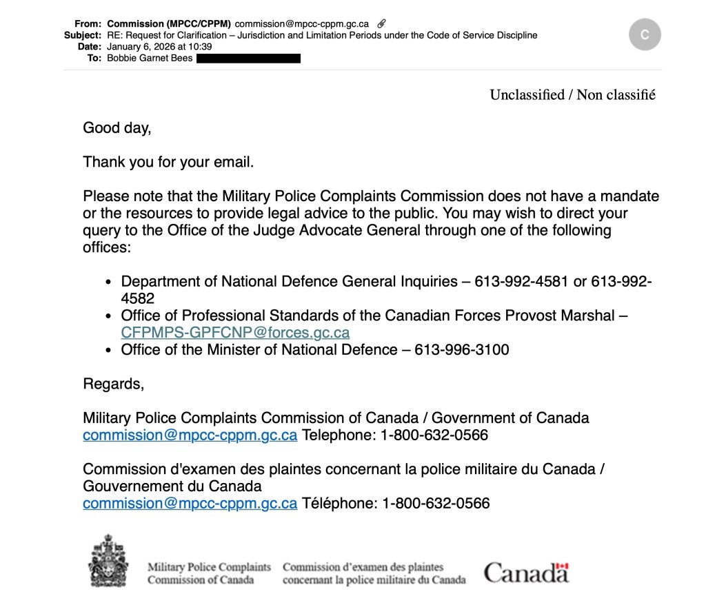 A formal email response from the Military Police Complaints Commission of Canada, addressing a legal advice inquiry, with contact information for relevant departments.