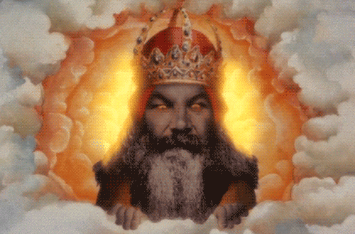 An animated depiction of a majestic figure with a crown, emerging from clouds with a glowing background.