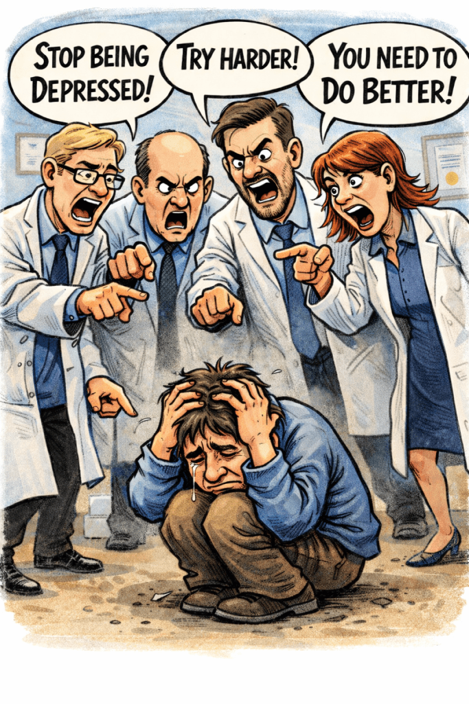 An illustration depicting a distressed individual curled up on the floor, being confronted by four angry figures in lab coats, who are shouting phrases like 'Stop being depressed!' and 'Try harder!'