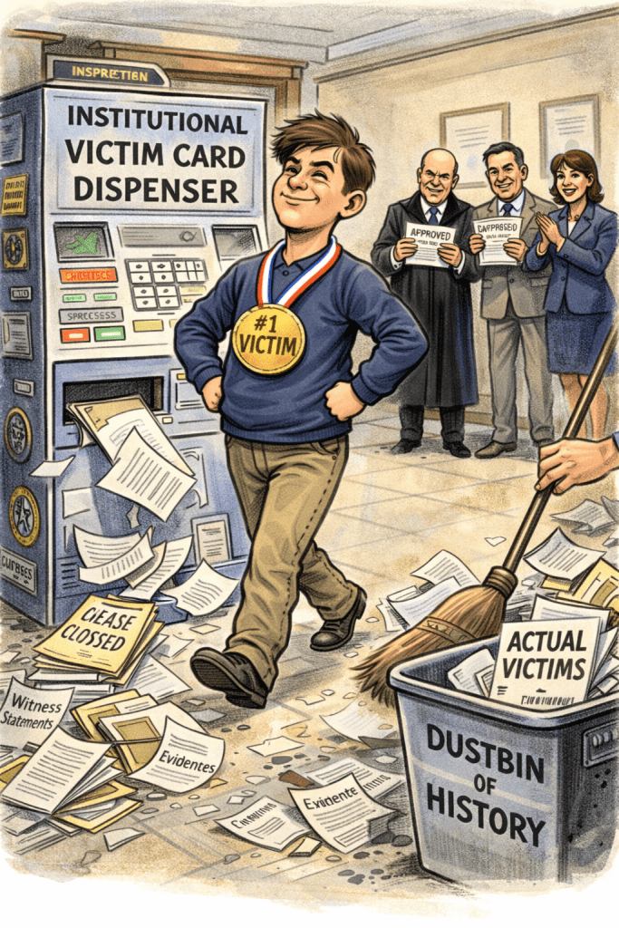 A young boy wearing a medal labeled '#1 VICTIM' walks proudly in front of an 'INSTITUTIONAL VICTIM CARD DISPENSER', surrounded by scattered papers. A group of people in the background, including a man in a suit and a woman in a business outfit, watch him as one holds an 'APPROVED' card and another holds 'DISAPPROVED'. A trash bin nearby is labeled 'DUSTBIN OF HISTORY' and contains papers referencing actual victims.