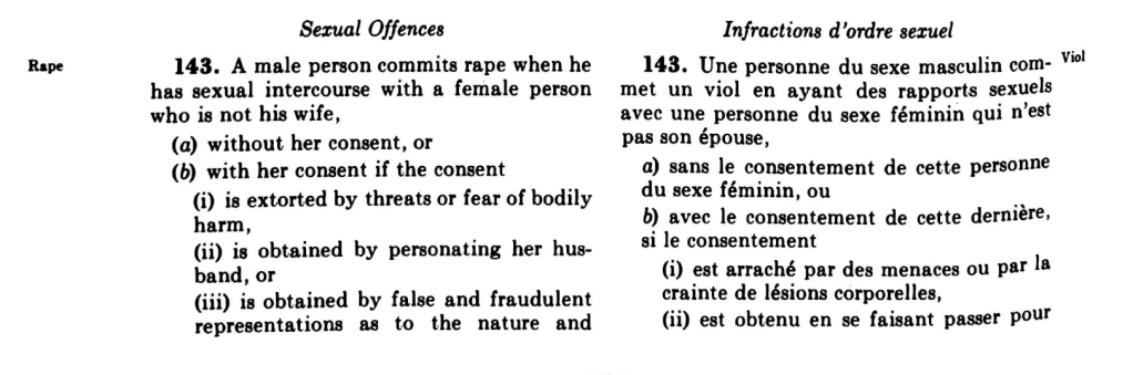 Legal text defining rape and conditions of consent, presented in English and French.