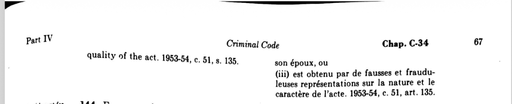 A page from the Criminal Code detailing legal text regarding the quality of an act, specifically referencing false representations and fraud.