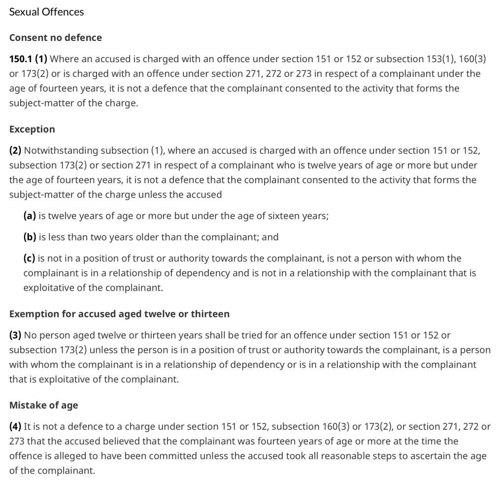 Legal text outlining sexual offences and consent laws, including exceptions and age-related criteria for charges.