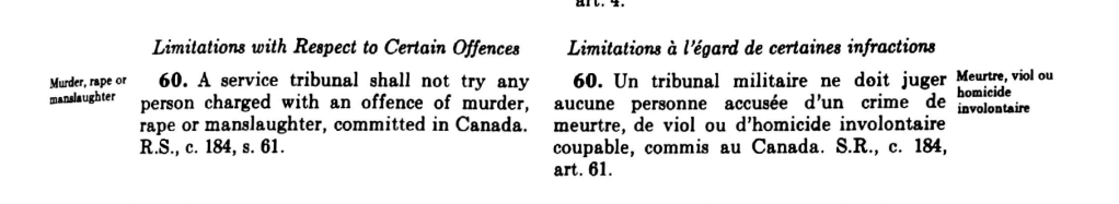 Text discussing legal limitations on certain offences, including murder, rape, and manslaughter, in both English and French.
