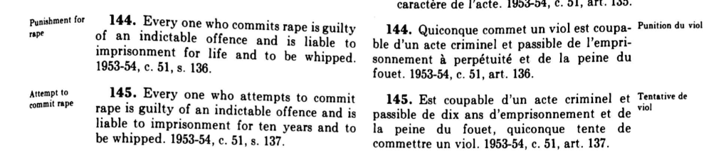 Text from a legal document discussing the punishment for rape and the attempt to commit rape, featuring sections 144 and 145 with penalties outlined.
