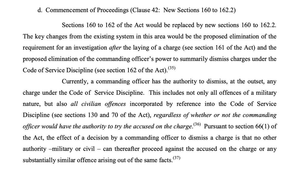 Text from a legal document discussing the proposed changes to sections 160 to 162.2 of an Act, regarding the commencement of proceedings and the authority of commanding officers in military disciplinary matters.