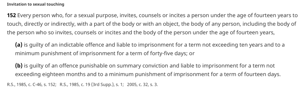 Legal text regarding the invitation to sexual touching, outlining offenses and penalties related to inviting a person under fourteen years of age to engage in sexual touching.