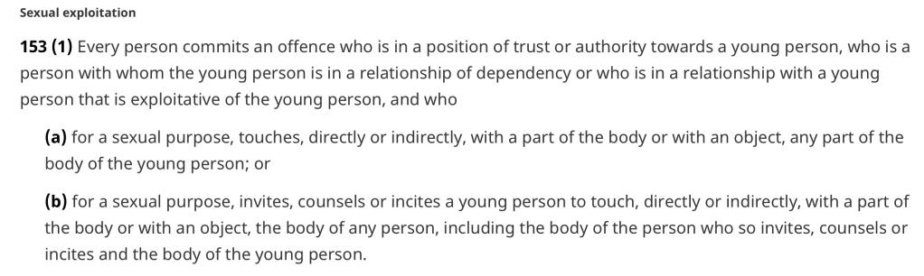 A section of legal text discussing the definition and consequences of sexual exploitation involving young persons.