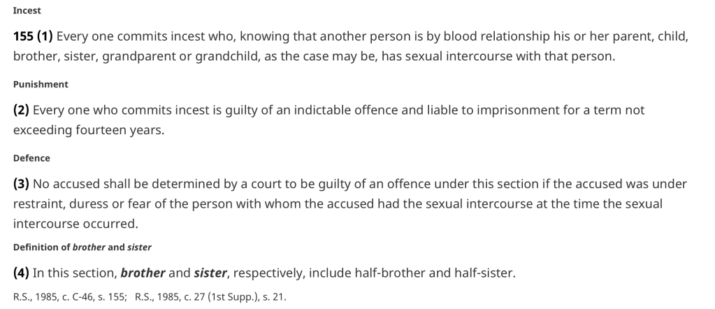 Legal text outlining the definition of incest and associated punishments, including specifics on relationships and defenses.