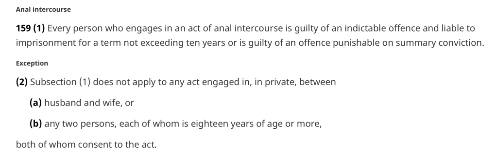 Text from a legal document discussing laws regarding anal intercourse, including definitions of offenses and exceptions for consensual acts between adults.