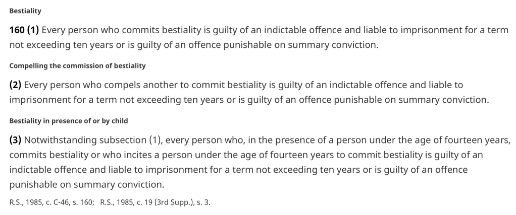 Legal text regarding bestiality, outlining the offenses, penalties, and implications for those involved.